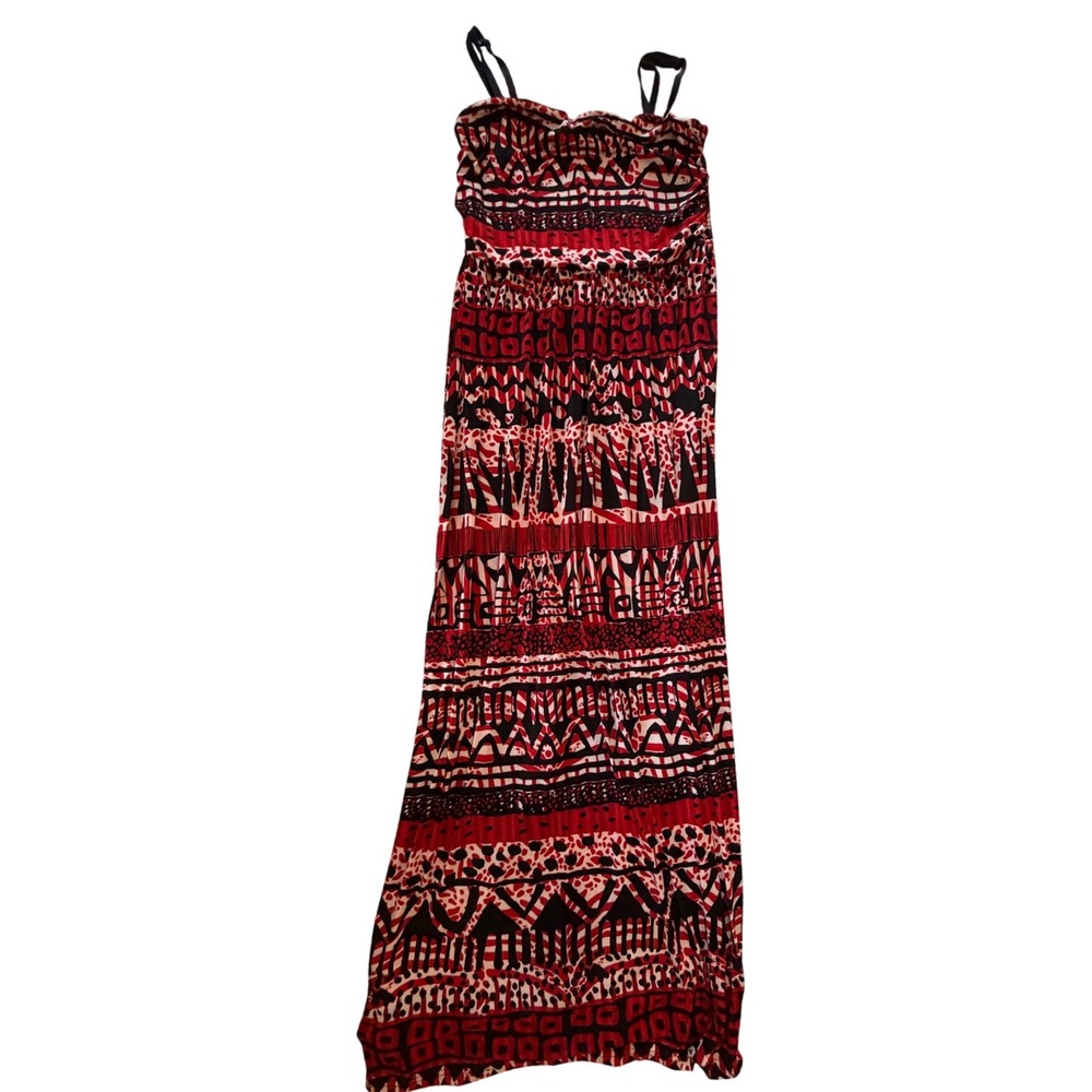 Gabrielle Womens XL Red Black Geometric Tribal Print Smocked Bodice Maxi Dress